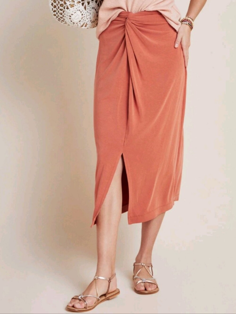 ANTHROPOLOGIE WOMEN'S ORANGE TWIST FRONT JUNIE MIDI SKIRT M Medium